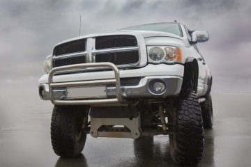 lifted truck in the rain
